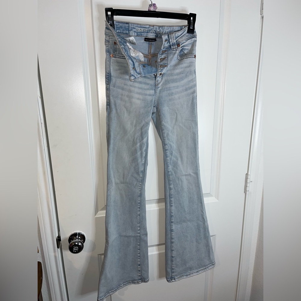 American Eagle 5Button Extreme Flare Bell Bottom AcidWash Distress High Rise Sz0 - Picture 4 of 16